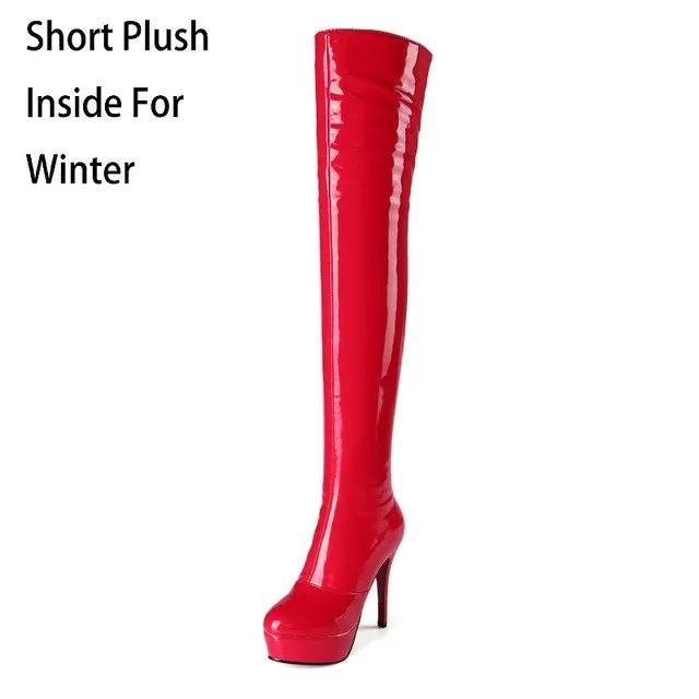 New Arrival Winter Patent Leather Zip Pointed Toe Thin Heel Long Boots Short Plush  Women Over The Knee Boots