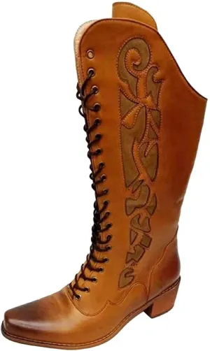 oiangi Womens Chunky Heel Lace up Boots Fashion Square Toe Solid Color Quilted Thick Heel Mid Calf Boots Vintage Comfortable Casual Low Heel Shoes