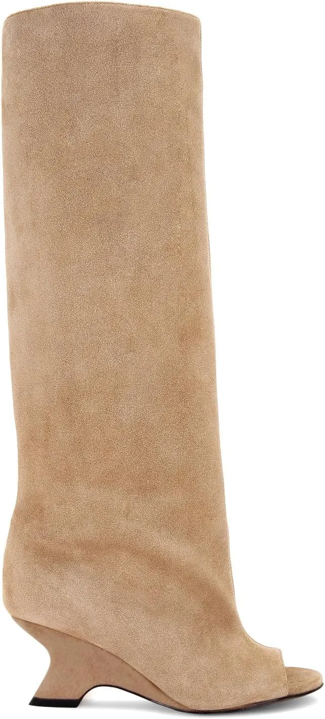 Open Toe Suede Knee High Boots Wide Calf Wedge Heel Boots