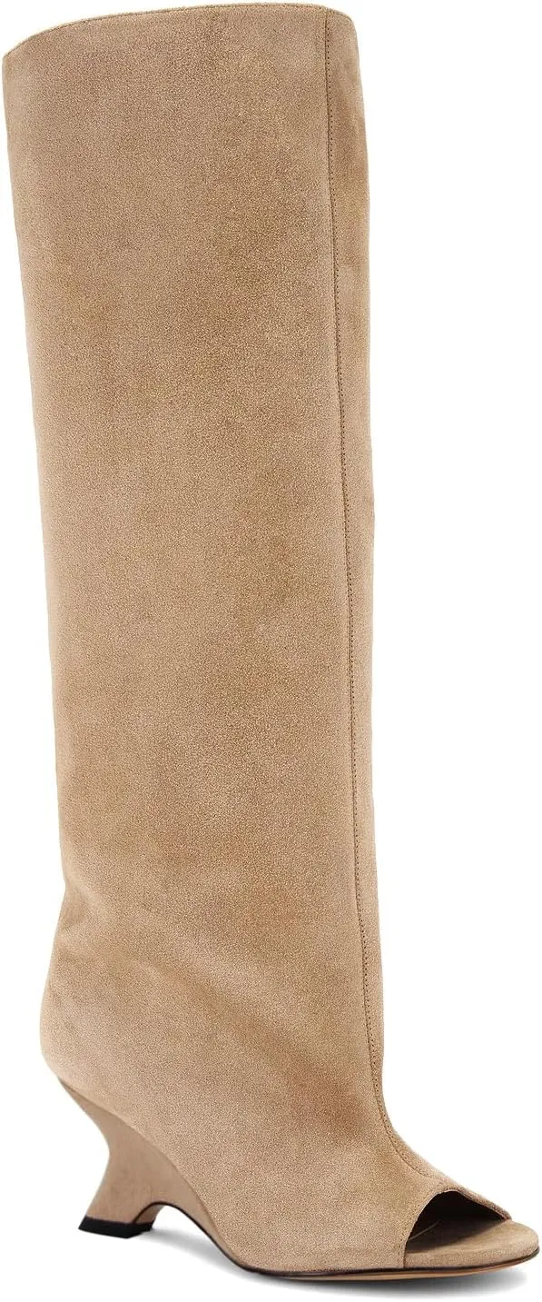 Open Toe Suede Knee High Boots Wide Calf Wedge Heel Boots