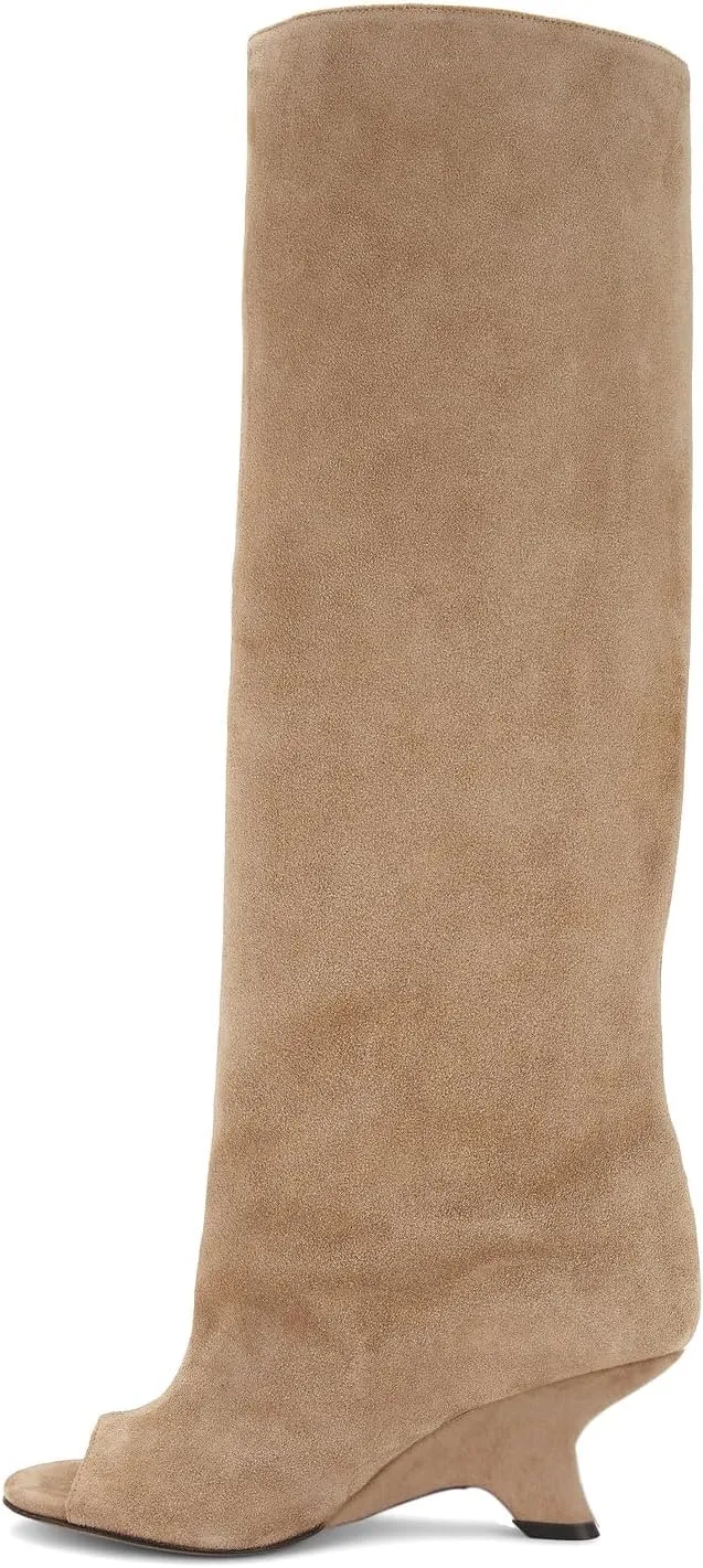 Open Toe Suede Knee High Boots Wide Calf Wedge Heel Boots