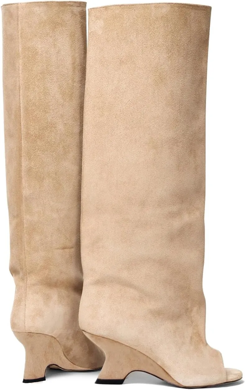 Open Toe Suede Knee High Boots Wide Calf Wedge Heel Boots