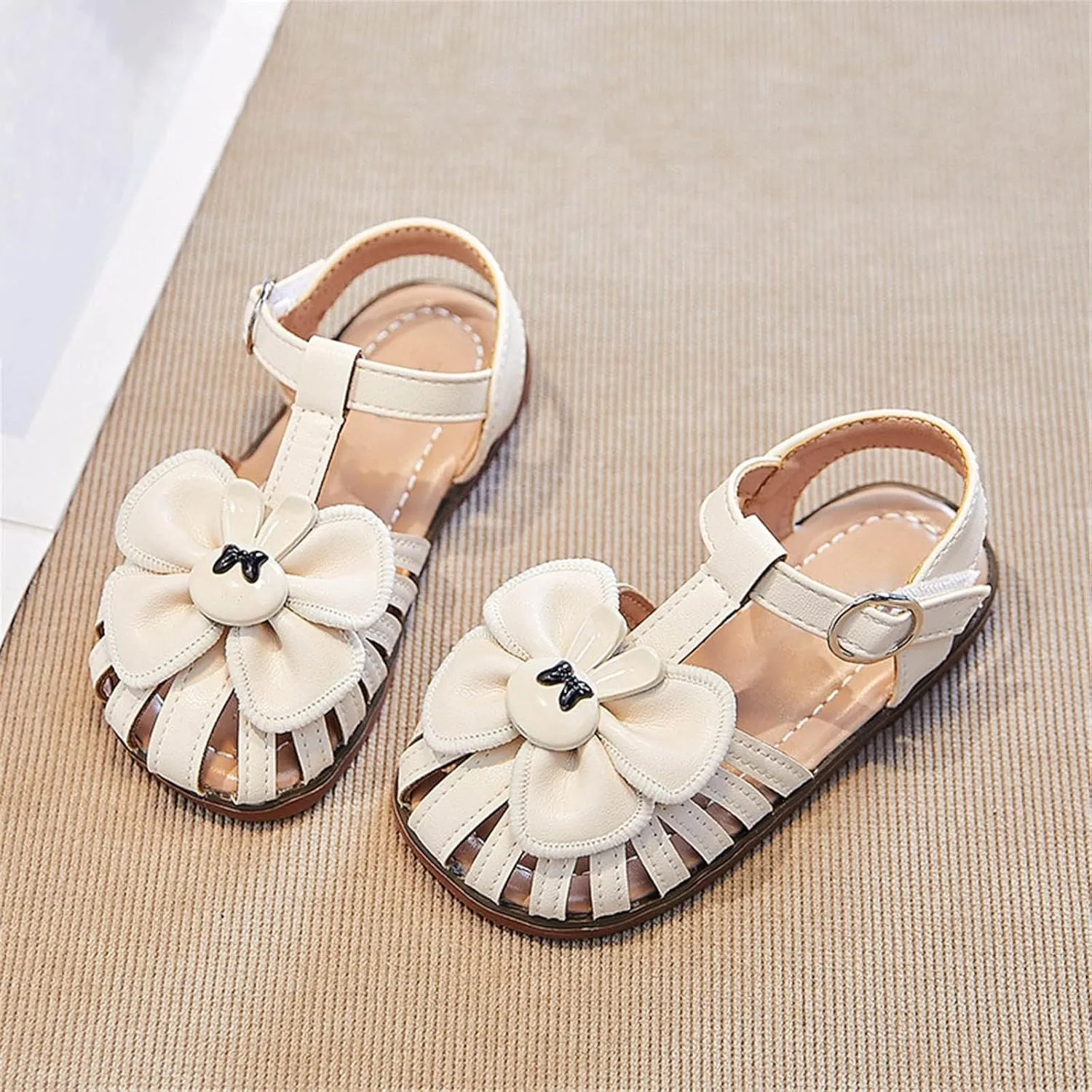 Princess Girls Open Toe Flat Sandals with Comfort Sole Summer Flower Girl Wedding Dress Shoes with Ankle Strap