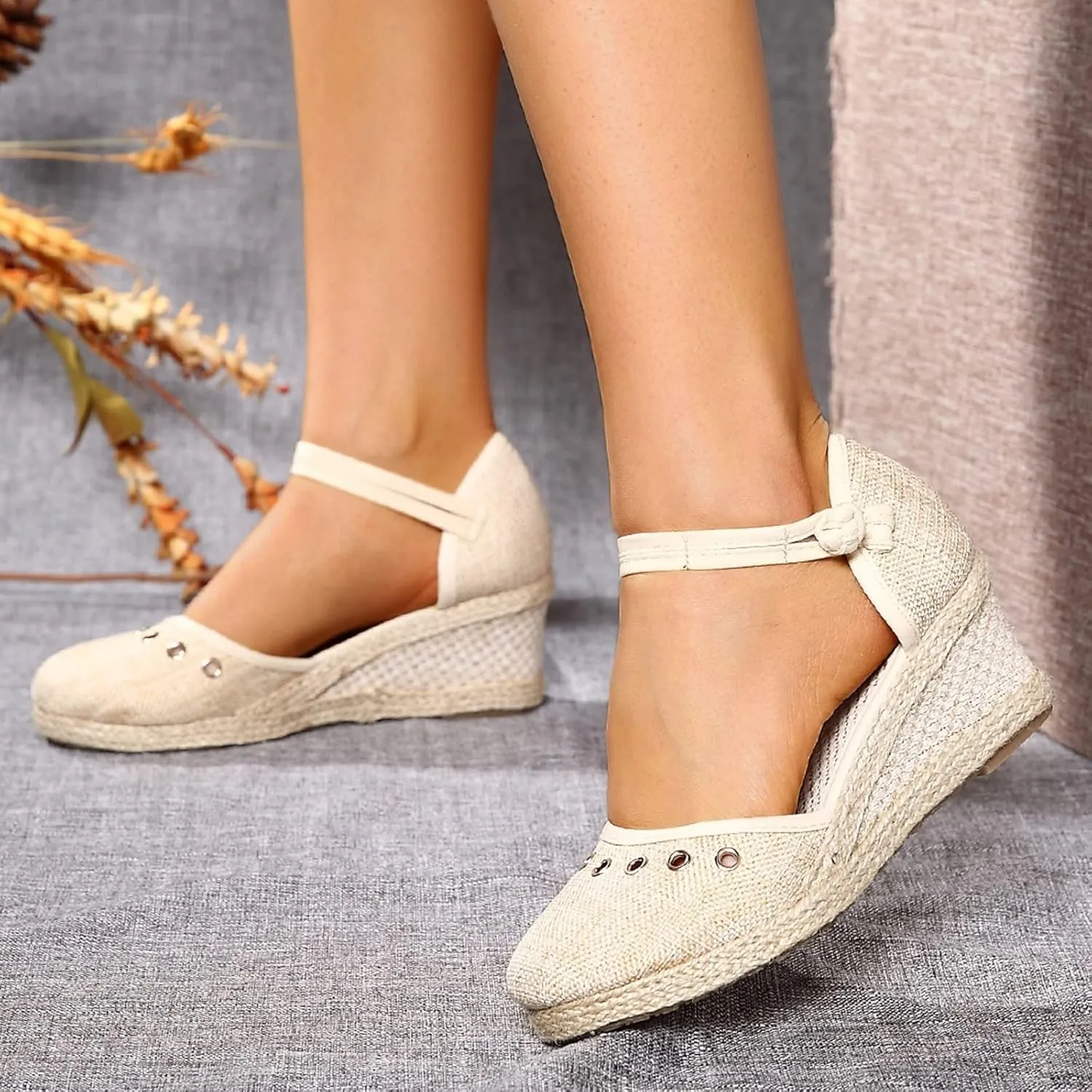 Sandals for Women Dressy Summer Closed Toe Espadrille Wedge Sandals, Casual Ankle Strap Slip On Platform Wedges Hollow Out Breathable Dress Shoes
