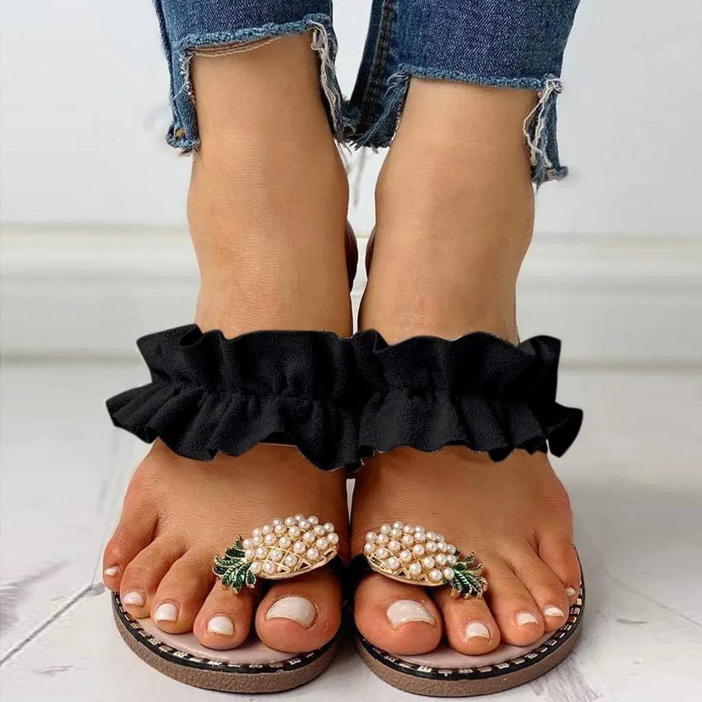Sandals for Women Flat,Sweet Cute Pineapple Sandals Clip Toe Flip Flops Boho Casual Flat Slippers Beach Shoes