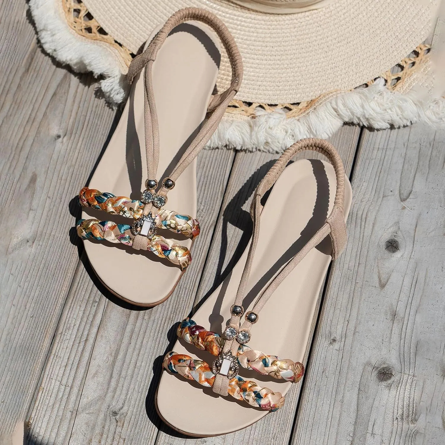 SuanlaTDS Flat Sandals for Women Dressy Summer Crisscross Open Toe Comfortable Elastic Ankle Strap Slip On Casual Walking Beach Shoes 2025 Loe Heels Bohemian Outdoor Boho Flats Sandal