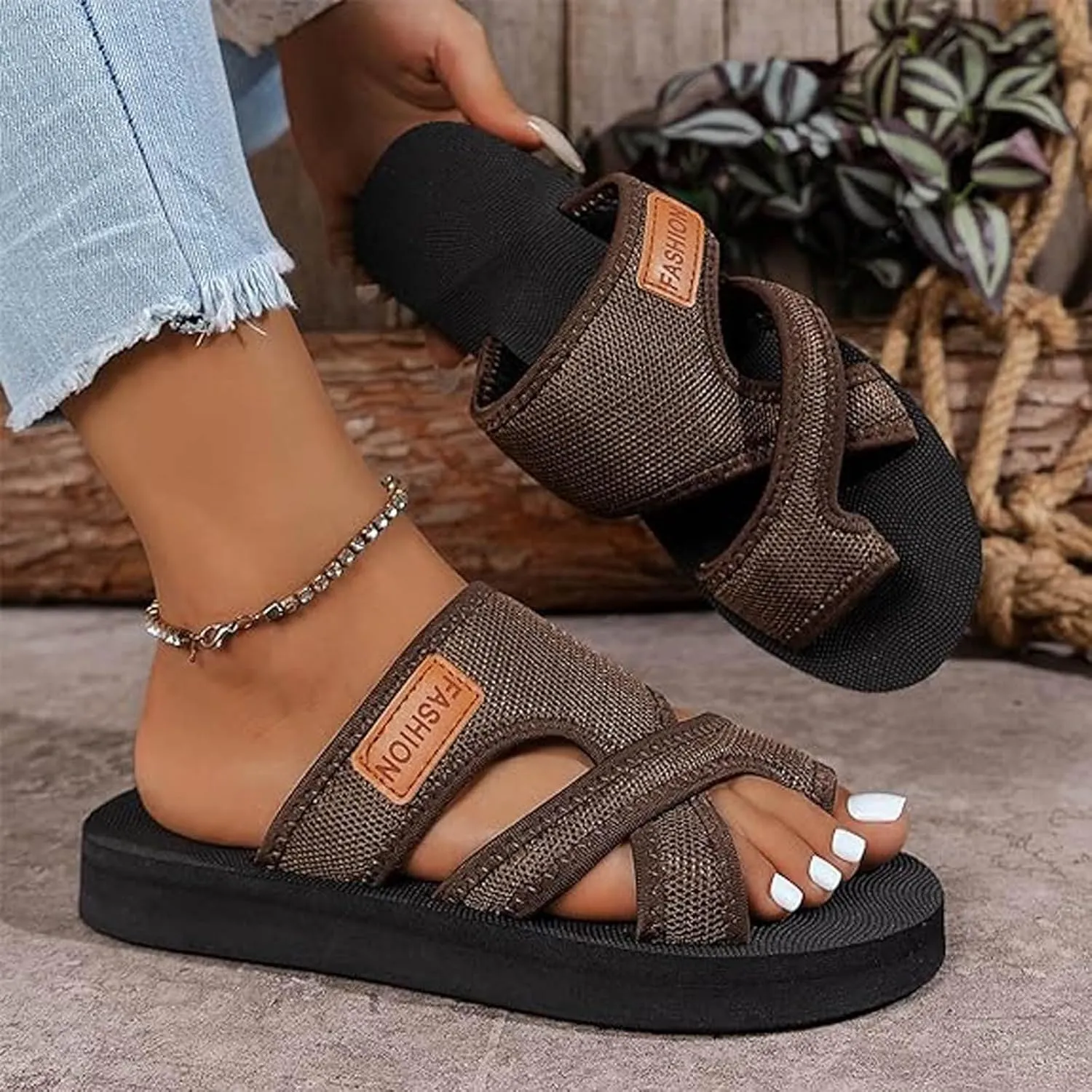SuanlaTDS Flat Summer Sandals for Women 2025 Toe Ring Dressy Platform Slip-on Slippers Slides Sandal Flip Flops Breathable Mesh Thick Sole Low Heel Comfortable Boho Outdoor Walking Beach Shoes