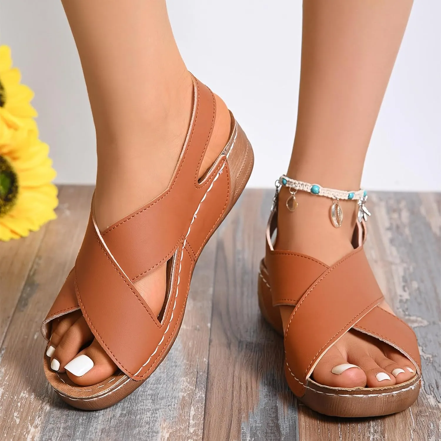 SuanlaTDS Orthopedic Wedge Sandals for Women Dressy Summer 2025 Comfortable Arch Support Flat Open Toe Platform Adjustable Ankle Strap Beach Boho Outdoor Shoes Elegant Wedges Sandal