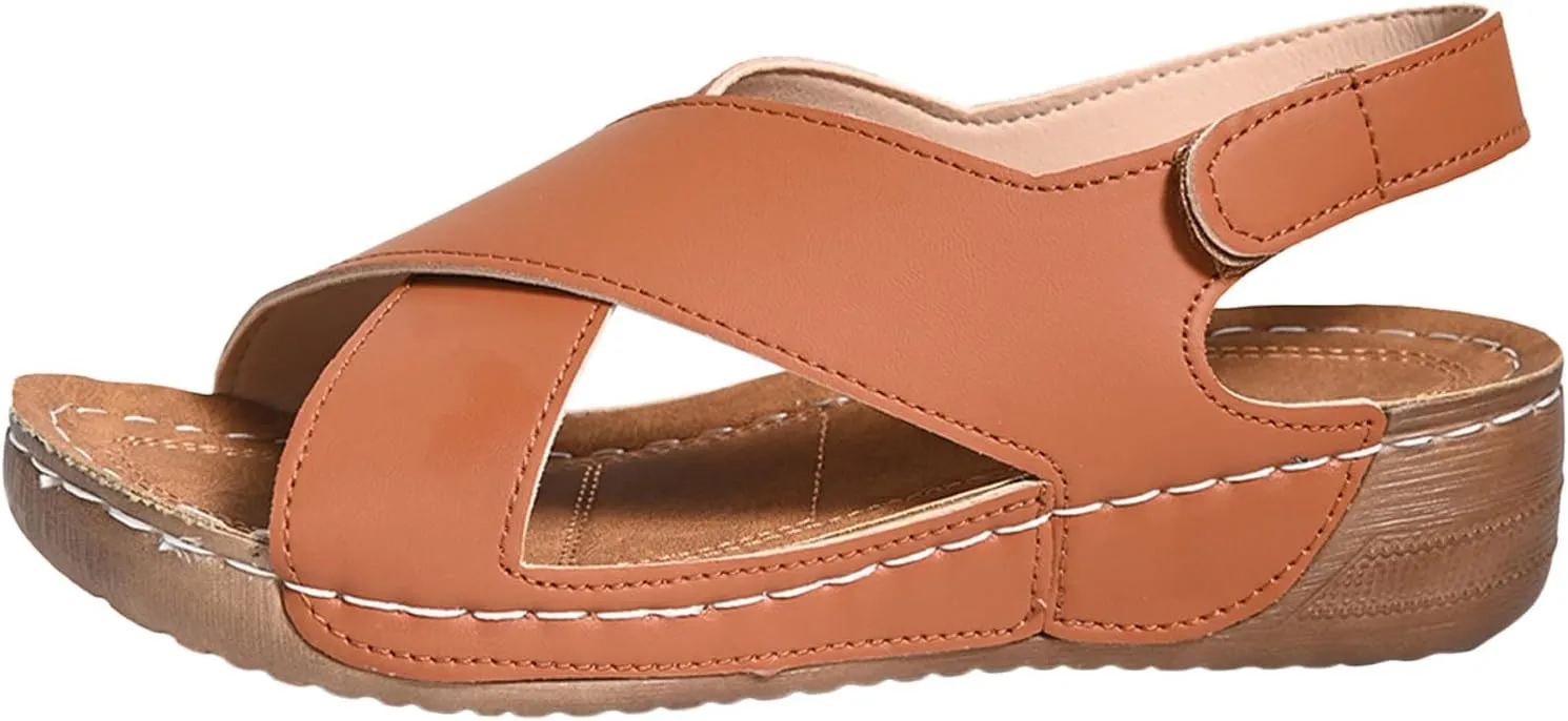 SuanlaTDS Orthopedic Wedge Sandals for Women Dressy Summer 2025 Comfortable Arch Support Flat Open Toe Platform Adjustable Ankle Strap Beach Boho Outdoor Shoes Elegant Wedges Sandal