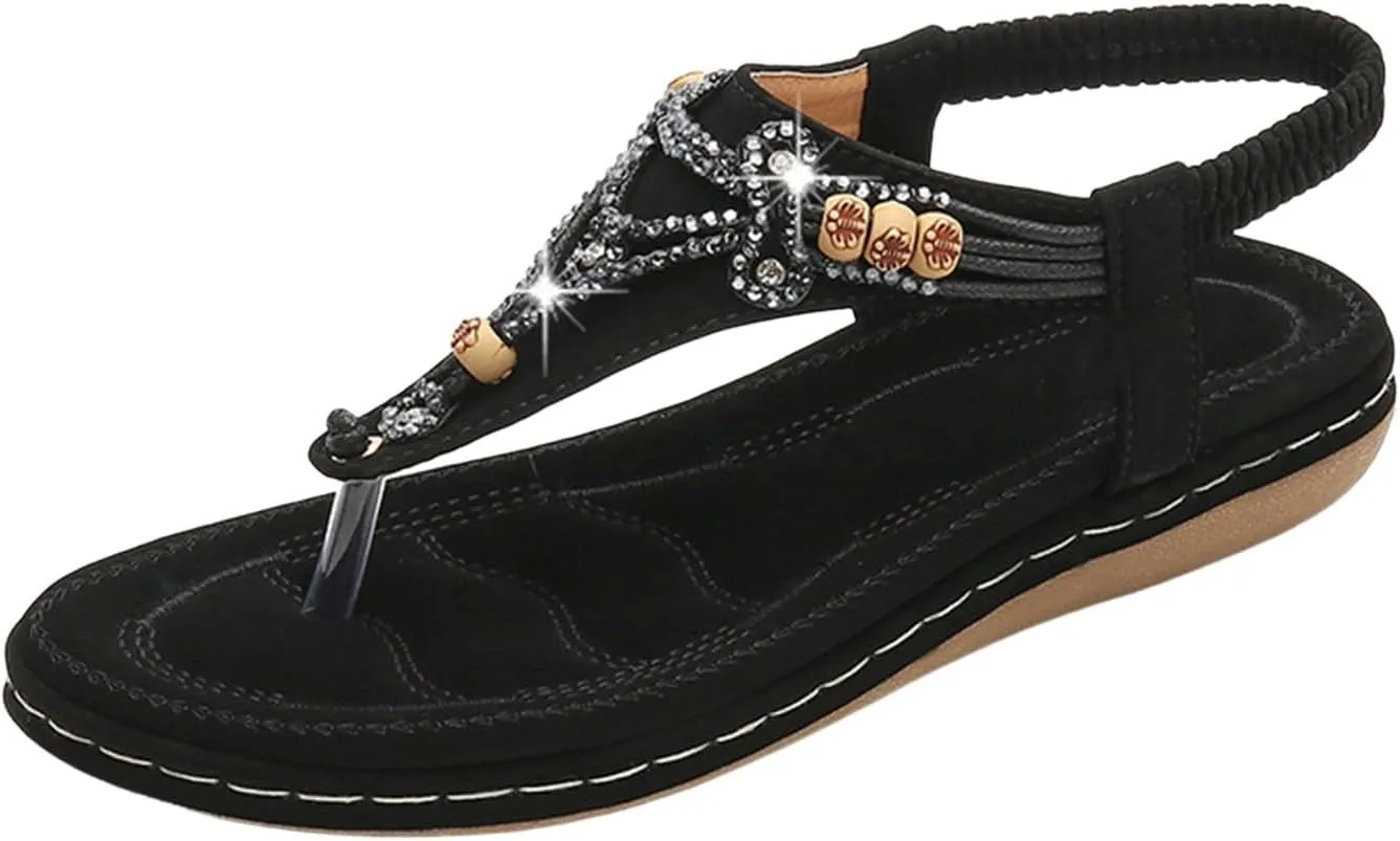SuanlaTDS Women's Flat Sandals 2025 Dressy Flip Flops Elastic Ankle Strap Thong Summer Dress Beach Gladiator Slingback Comfortable Slip-on Slides Outdoor Walking Shoes Flats Sandal for Party