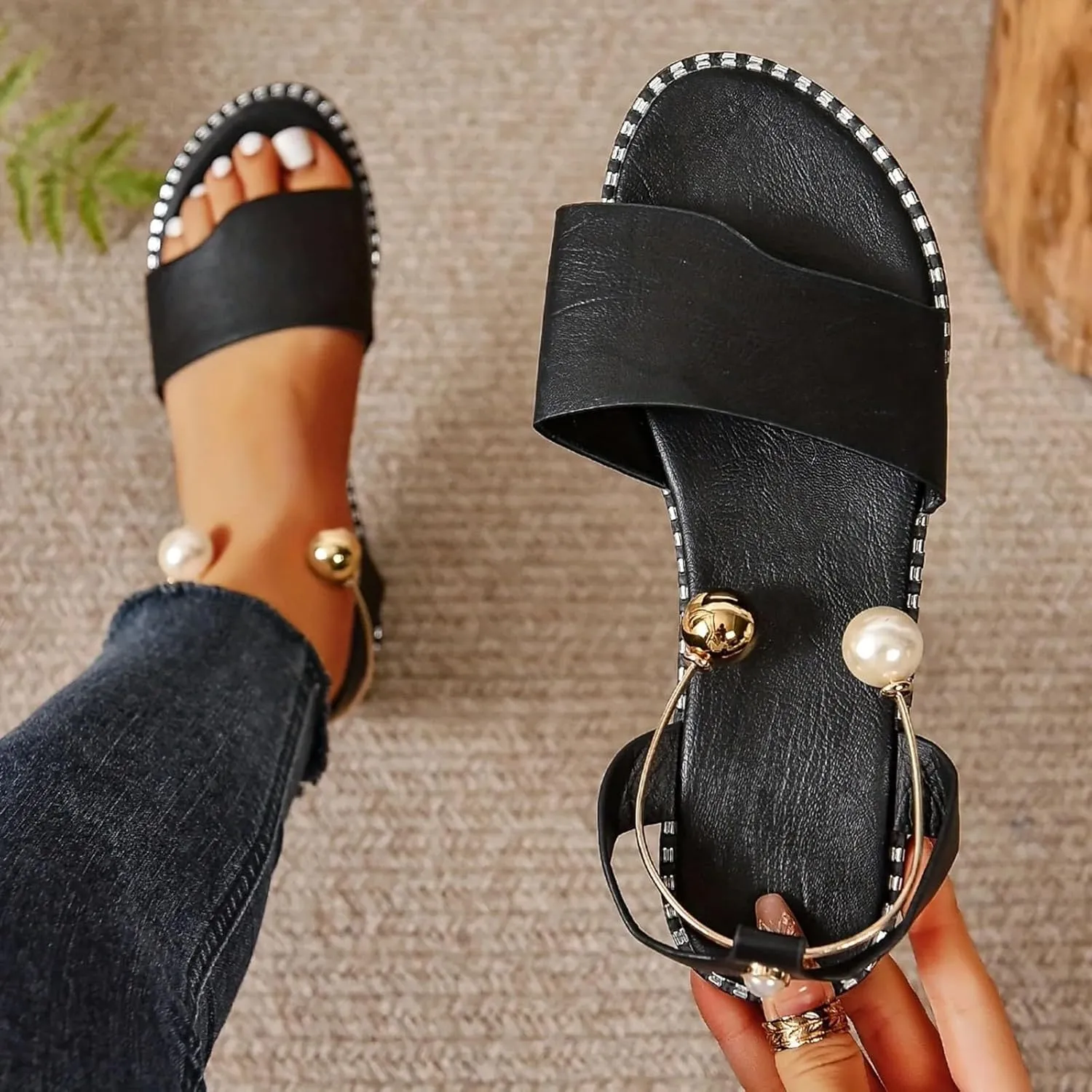 SuanlaTDS Womens Flat Sandals 2025 Dressy Pearl Metal Ankle Open Toe Slip-on Casual Walking Summer Comfortable Daily Wear Bohemian Slides Beach Flip Flops Low Heel Party Shoes Outdoor Sandal