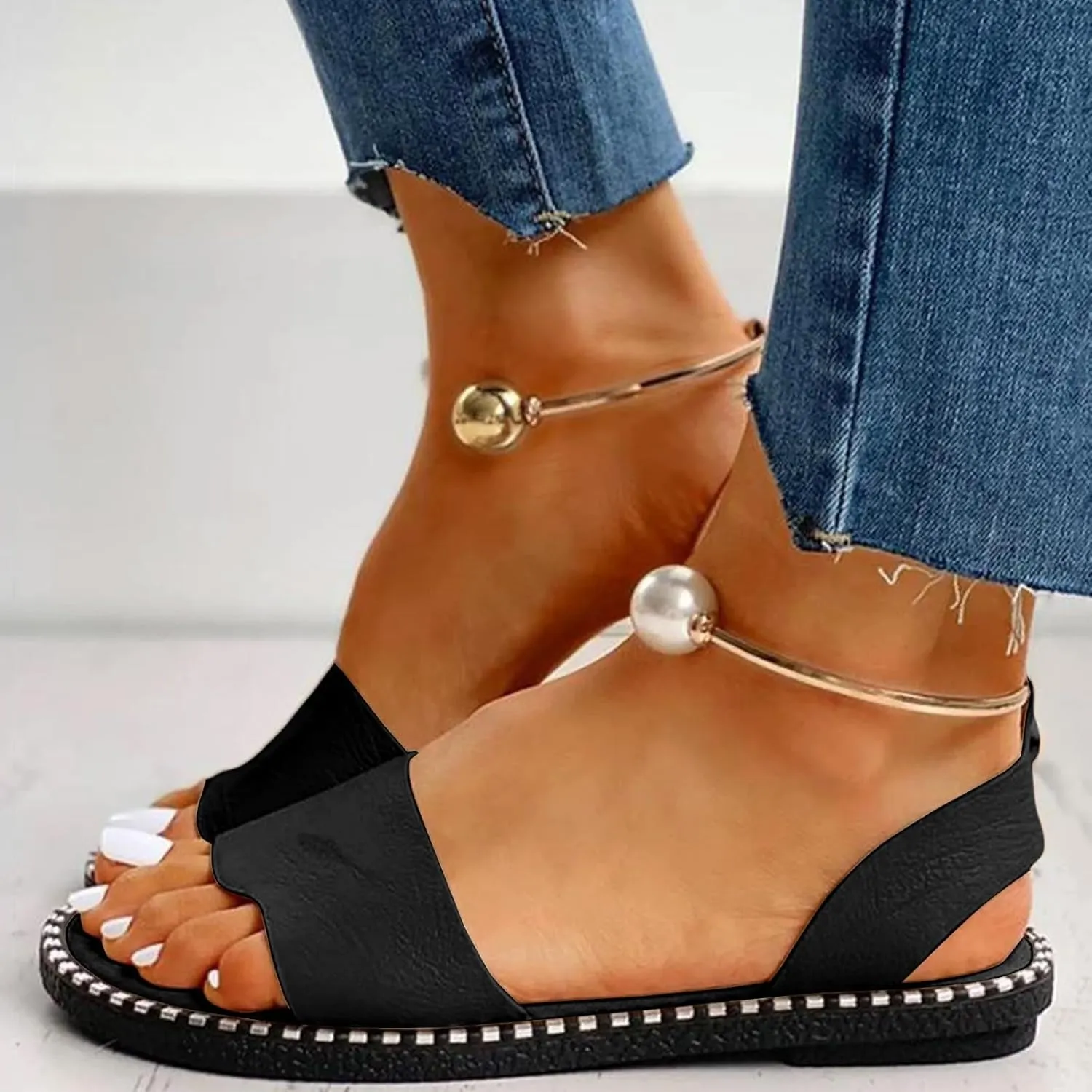 SuanlaTDS Womens Flat Sandals 2025 Dressy Pearl Metal Ankle Open Toe Slip-on Casual Walking Summer Comfortable Daily Wear Bohemian Slides Beach Flip Flops Low Heel Party Shoes Outdoor Sandal