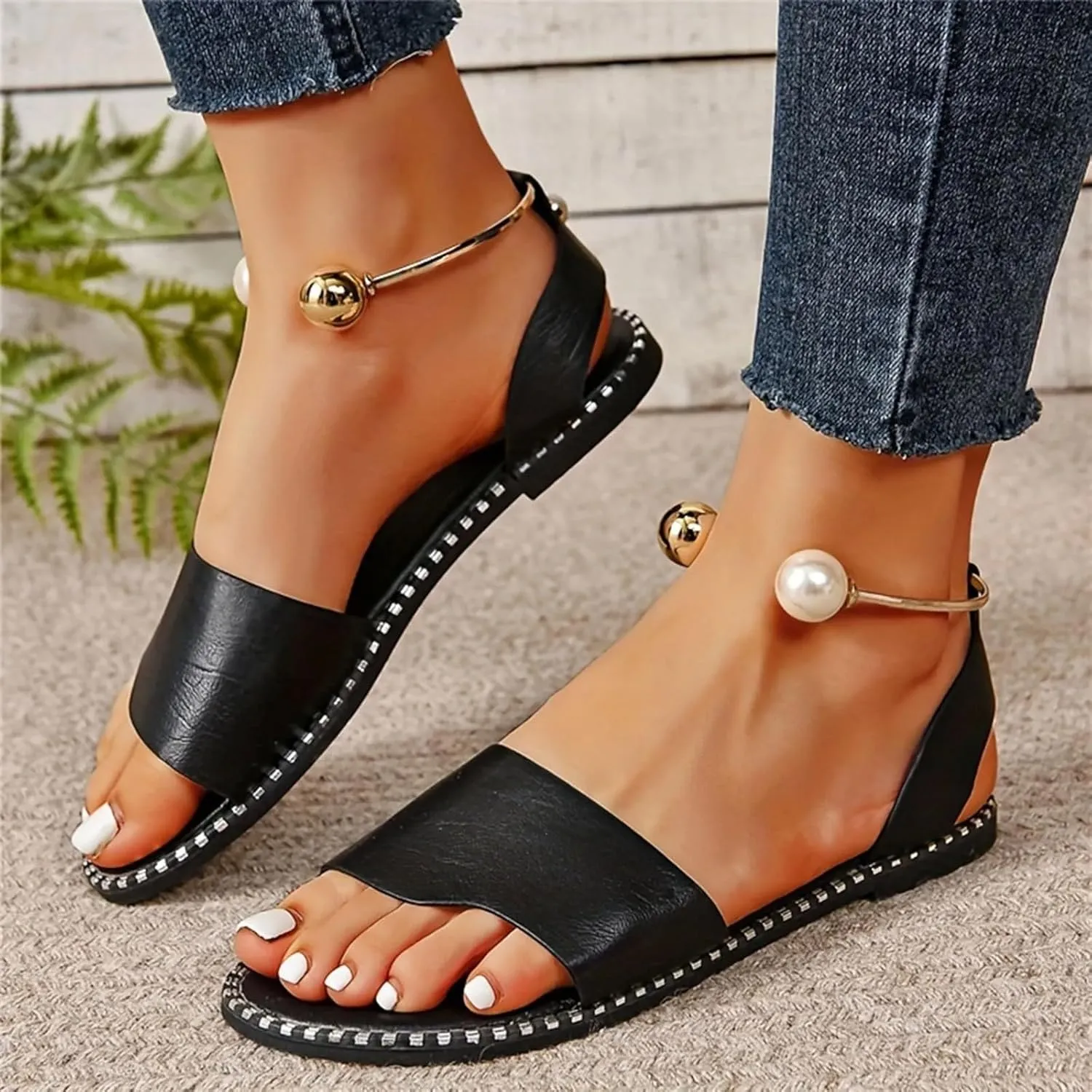 SuanlaTDS Womens Flat Sandals 2025 Dressy Pearl Metal Ankle Open Toe Slip-on Casual Walking Summer Comfortable Daily Wear Bohemian Slides Beach Flip Flops Low Heel Party Shoes Outdoor Sandal