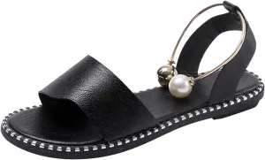 SuanlaTDS Womens Flat Sandals 2025 Dressy Pearl Metal Ankle Open Toe Slip-on Casual Walking Summer Comfortable Daily Wear Bohemian Slides Beach Flip Flops Low Heel Party Shoes Outdoor Sandal