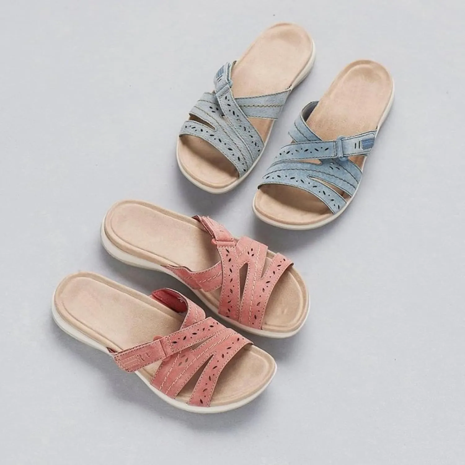SuanlaTDS Women's Flat Sandals Comfortable Orthopedic Arch Support Dressy Open Toe Walking Shoes Outdoor Summer Thick Sole Bohemian Beach Slip On Low Heel Slides Flats Sandal Slippers