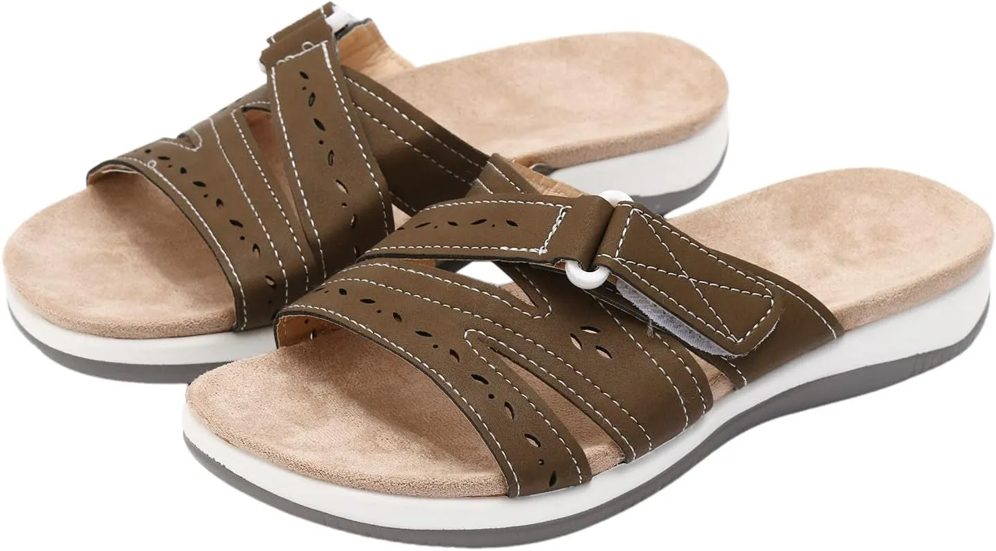 SuanlaTDS Women's Flat Sandals Comfortable Orthopedic Arch Support Dressy Open Toe Walking Shoes Outdoor Summer Thick Sole Bohemian Beach Slip On Low Heel Slides Flats Sandal Slippers