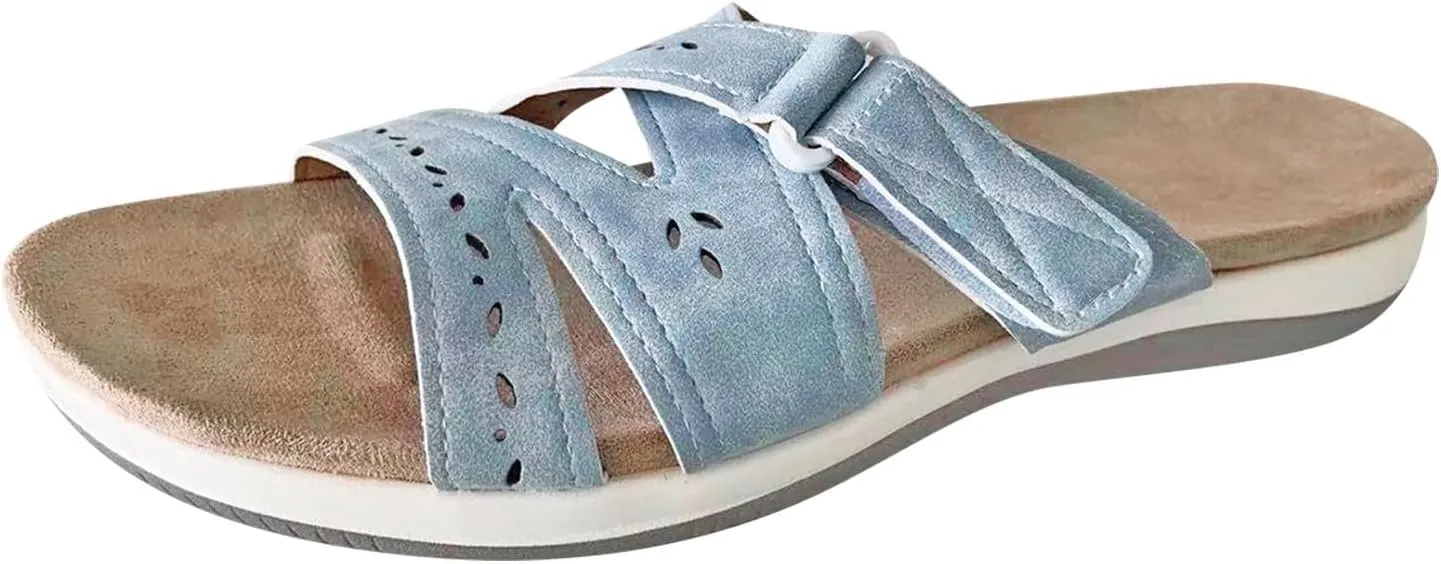SuanlaTDS Women's Flat Sandals Comfortable Orthopedic Arch Support Dressy Open Toe Walking Shoes Outdoor Summer Thick Sole Bohemian Beach Slip On Low Heel Slides Flats Sandal Slippers