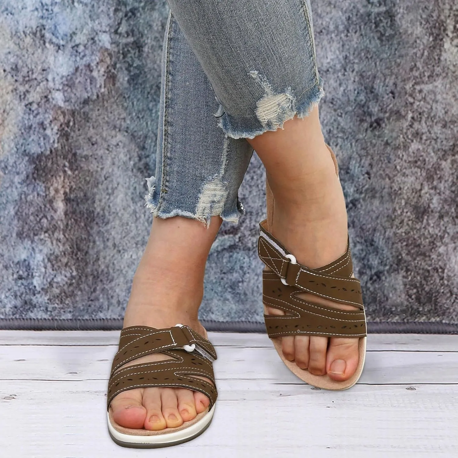 SuanlaTDS Women's Flat Sandals Comfortable Orthopedic Arch Support Dressy Open Toe Walking Shoes Outdoor Summer Thick Sole Bohemian Beach Slip On Low Heel Slides Flats Sandal Slippers