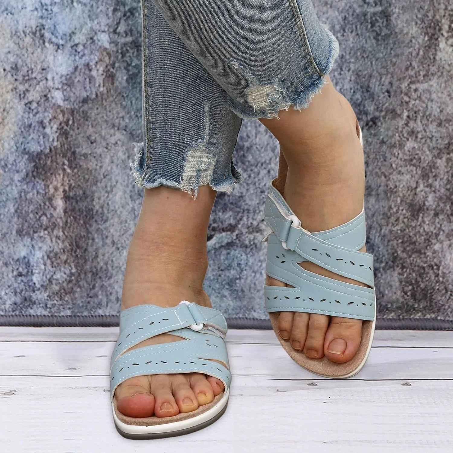 SuanlaTDS Women's Flat Sandals Comfortable Orthopedic Arch Support Dressy Open Toe Walking Shoes Outdoor Summer Thick Sole Bohemian Beach Slip On Low Heel Slides Flats Sandal Slippers