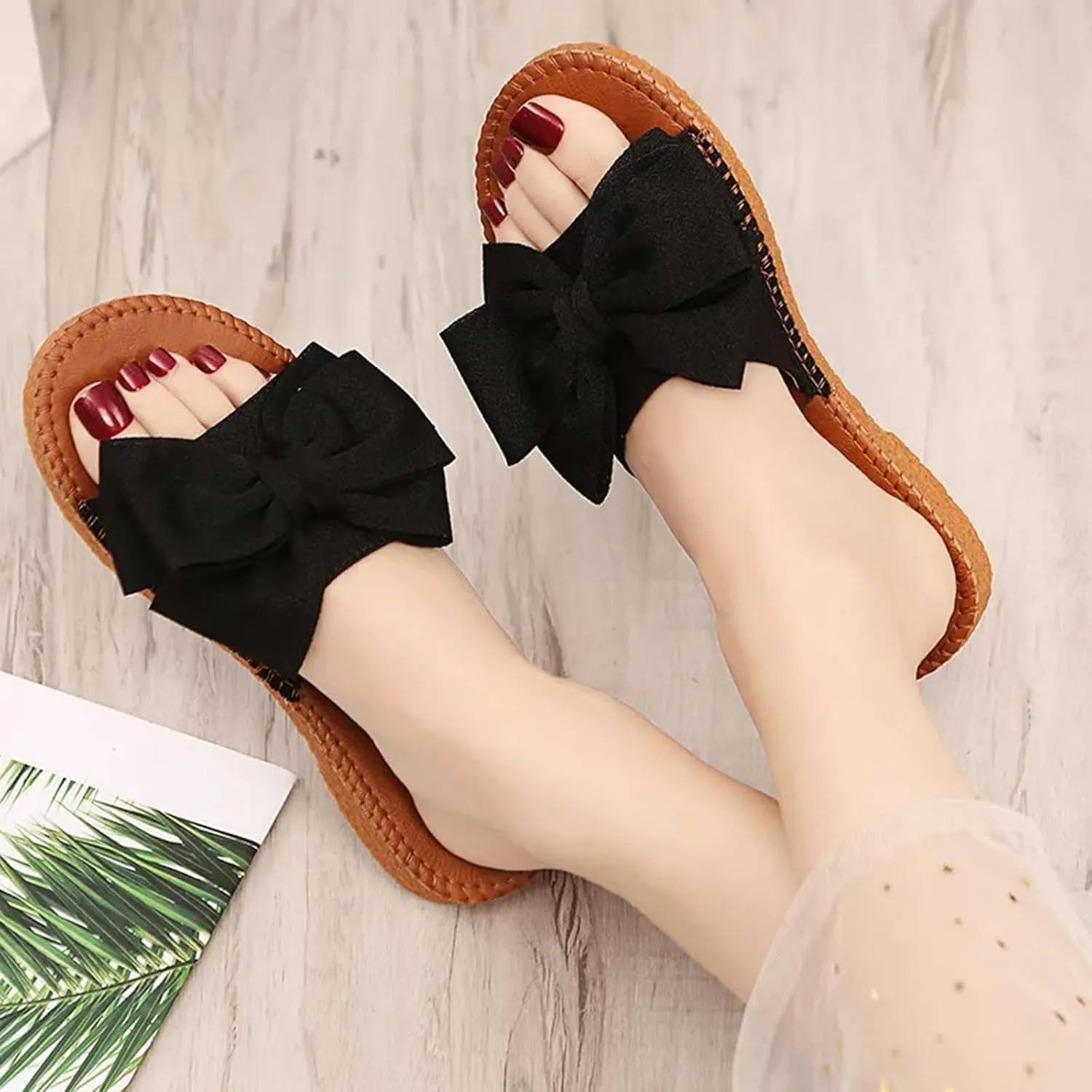 SuanlaTDS Womens Flat Sandals Dressy Summer 2025 Bow Open Toe Casual Comfortable Slip-on Slides Beach Slippers Low Heel Outdoor Slide Walking Shoes Flip Flops Party Bohemian Sandal