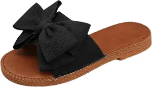 SuanlaTDS Womens Flat Sandals Dressy Summer 2025 Bow Open Toe Casual Comfortable Slip-on Slides Beach Slippers Low Heel Outdoor Slide Walking Shoes Flip Flops Party Bohemian Sandal