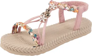 SuanlaTDS Women's Flat Sandals Dressy Summer 2025 Comfortable Elastic Ankle Strap Slip On T-Strap Open Toe Walking Bohemian Vacation Beach Shoes Casual Outdoor Low Heels Flats Slide Sandal