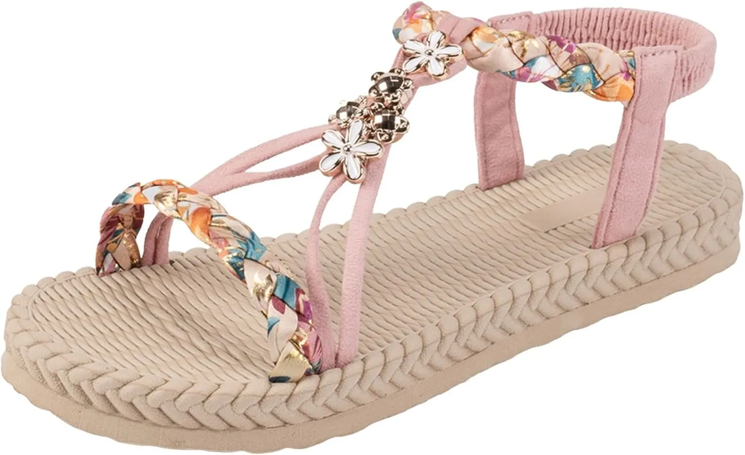 SuanlaTDS Women's Flat Sandals Dressy Summer 2025 Comfortable Elastic Ankle Strap Slip On T-Strap Open Toe Walking Bohemian Vacation Beach Shoes Casual Outdoor Low Heels Flats Slide Sandal