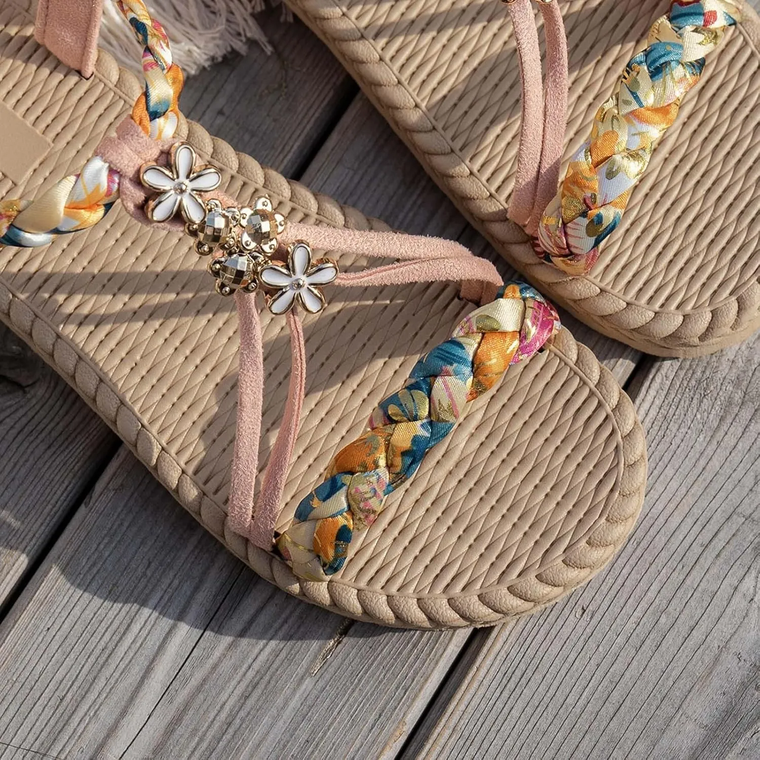 SuanlaTDS Women's Flat Sandals Dressy Summer 2025 Comfortable Elastic Ankle Strap Slip On T-Strap Open Toe Walking Bohemian Vacation Beach Shoes Casual Outdoor Low Heels Flats Slide Sandal