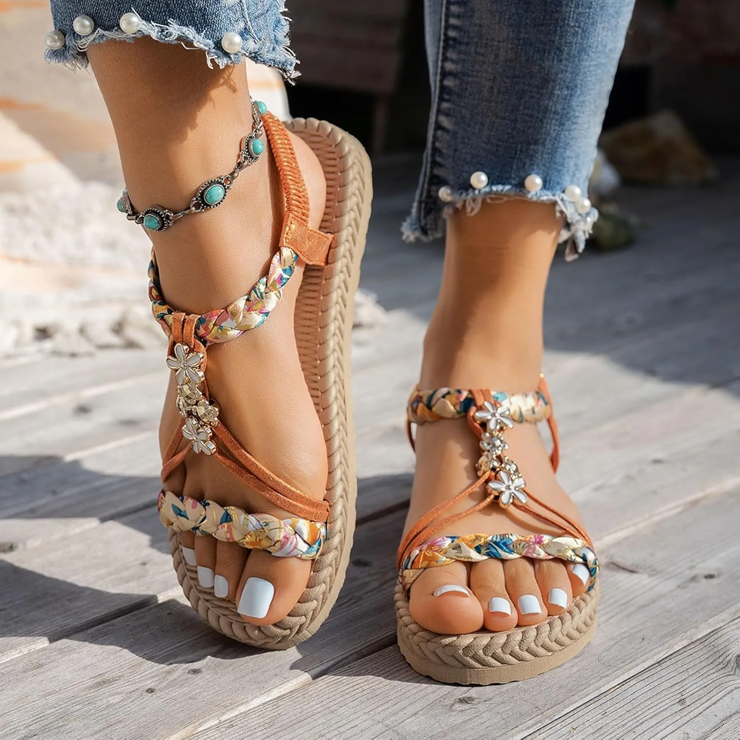 SuanlaTDS Women's Flat Sandals Dressy Summer 2025 Comfortable Elastic Ankle Strap Slip On T-Strap Open Toe Walking Bohemian Vacation Beach Shoes Casual Outdoor Low Heels Flats Slide Sandal