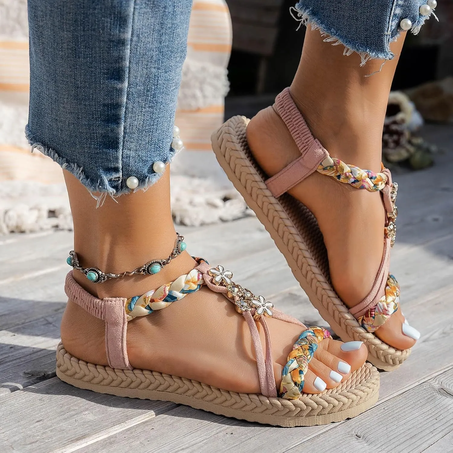 SuanlaTDS Women's Flat Sandals Dressy Summer 2025 Comfortable Elastic Ankle Strap Slip On T-Strap Open Toe Walking Bohemian Vacation Beach Shoes Casual Outdoor Low Heels Flats Slide Sandal