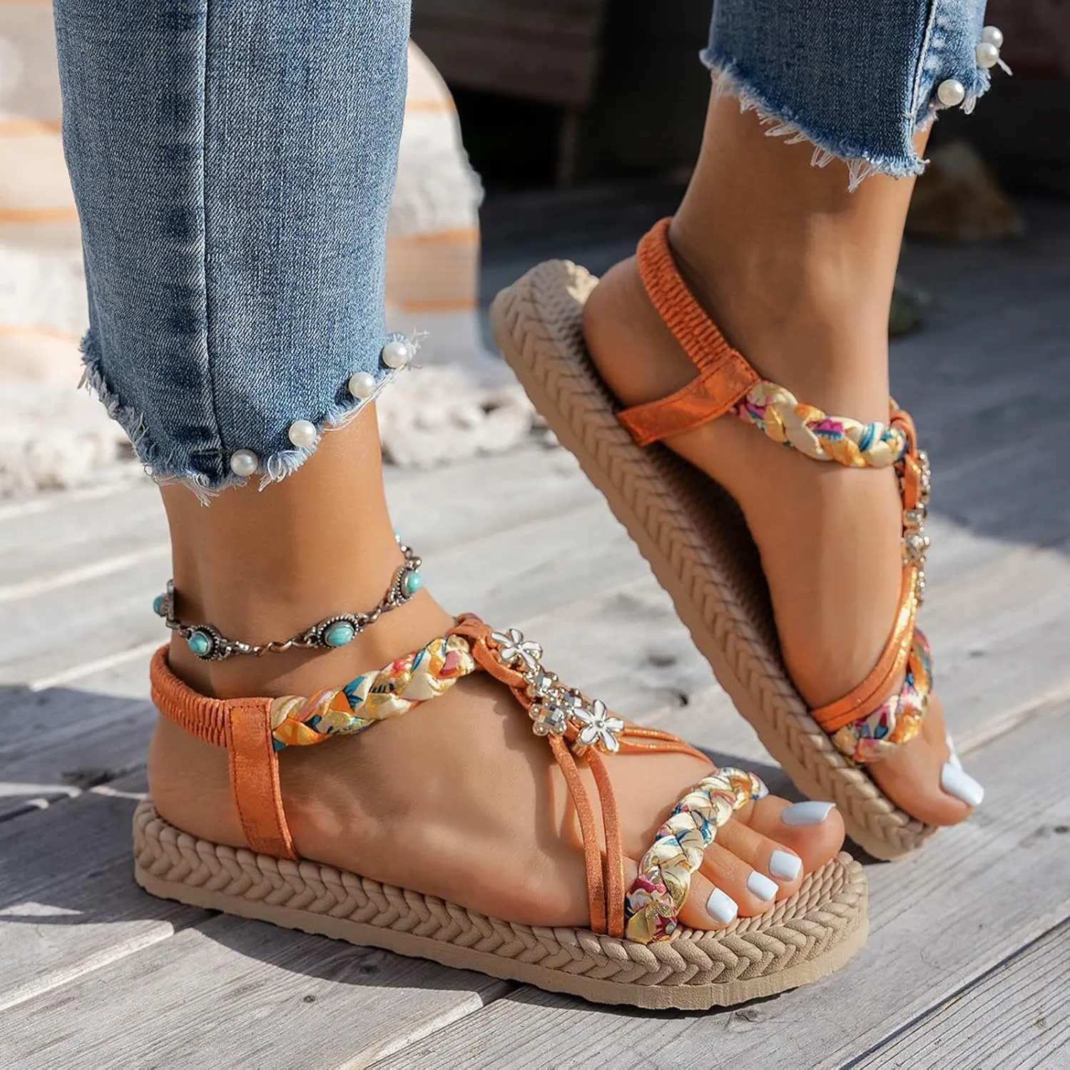 SuanlaTDS Women's Flat Sandals Dressy Summer 2025 Comfortable Elastic Ankle Strap Slip On T-Strap Open Toe Walking Bohemian Vacation Beach Shoes Casual Outdoor Low Heels Flats Slide Sandal