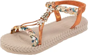 SuanlaTDS Women's Flat Sandals Dressy Summer 2025 Comfortable Elastic Ankle Strap Slip On T-Strap Open Toe Walking Bohemian Vacation Beach Shoes Casual Outdoor Low Heels Flats Slide Sandal