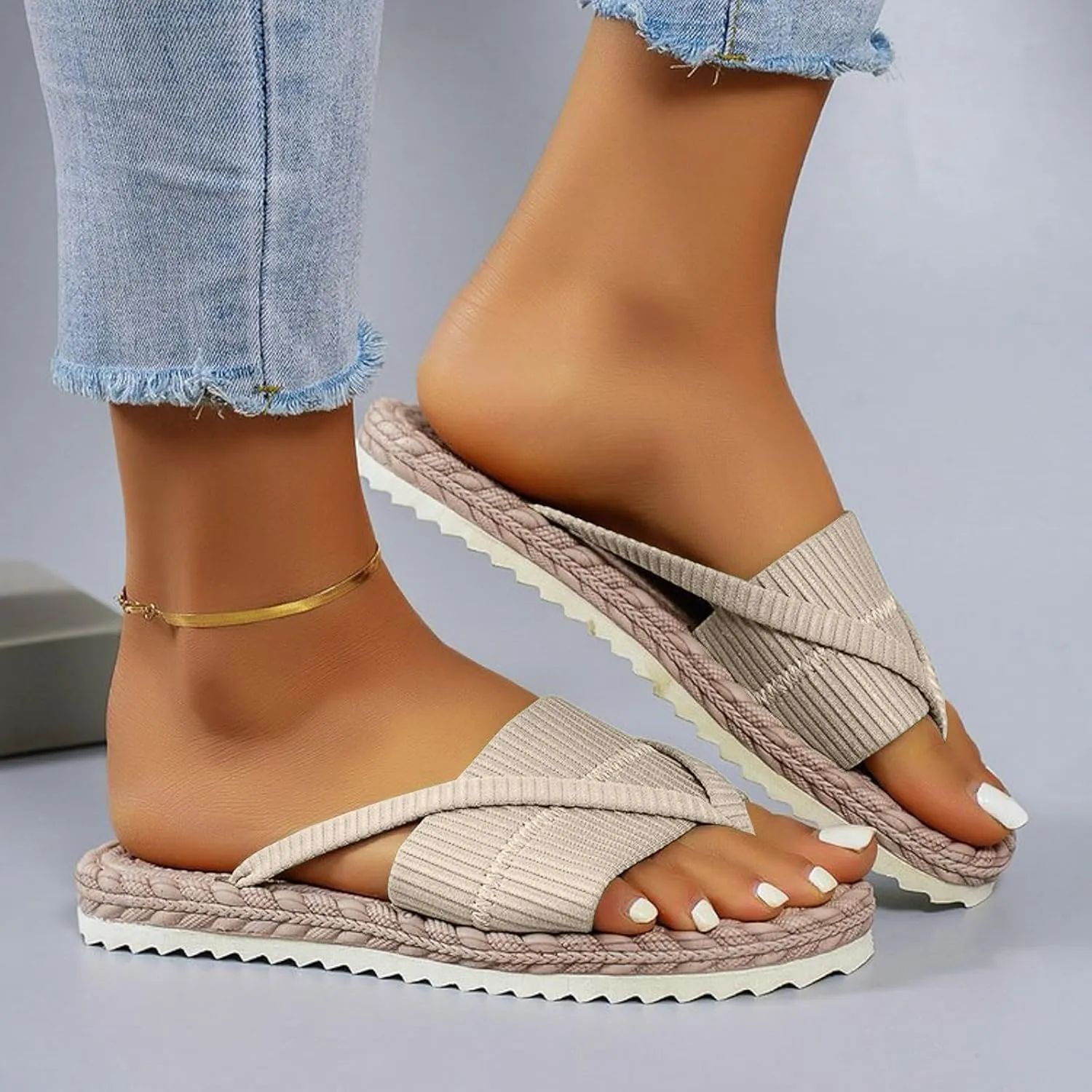 SuanlaTDS Womens Flat Sandals Flip Flops Comfortable 2025 Thong Split Toe Summer Dress Beach Open-toe Slip On Slides Slippers Dressy Walking Bohemian Outdoor Party Low Heels Flats Sandals