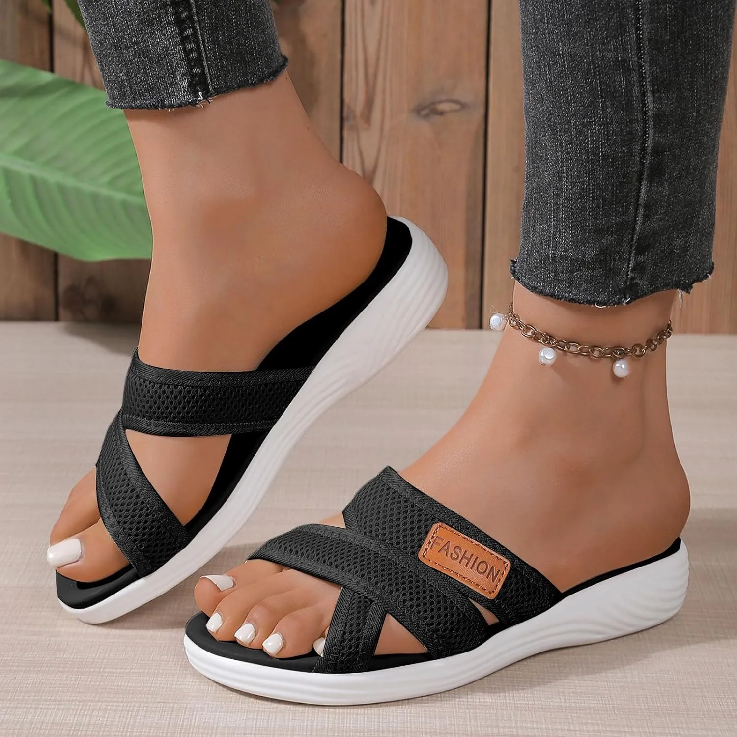 SuanlaTDS Women's Flat Sandals Summer Dressy 2025 Platform Slides Sandal Slip-on Crisscross Open Toe Thick Sole Arch Support Comfortable Walking Shoes Beach Bohemian Party Outdoor Flip Flops