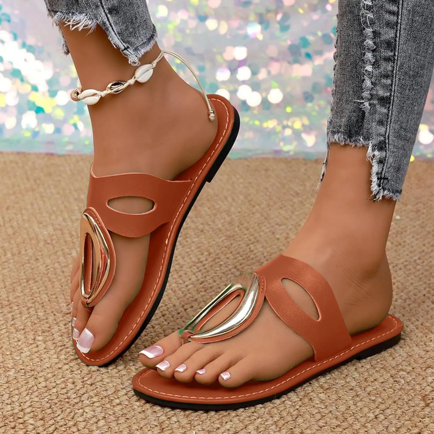 SuanlaTDS Womens Flip Flops Flat Sandals Dressy 2025 Beach Shoes Cute Summer Thong T-Strap Boho Outdoor Wedding Party Comfortable Slip-on Low Heel Slide Slippers Sexy Open Toe Walking Sandal