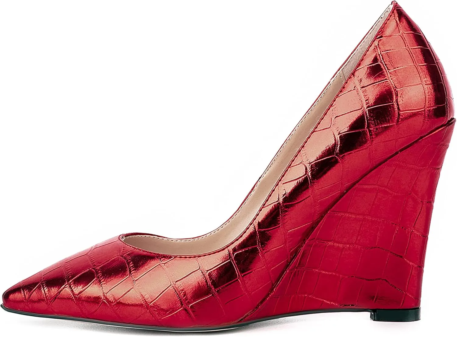 UP2STEP Women Fashion Patent Vegan Leather Printed Wedge High Heeled Slip on Slide Dress Shoes
