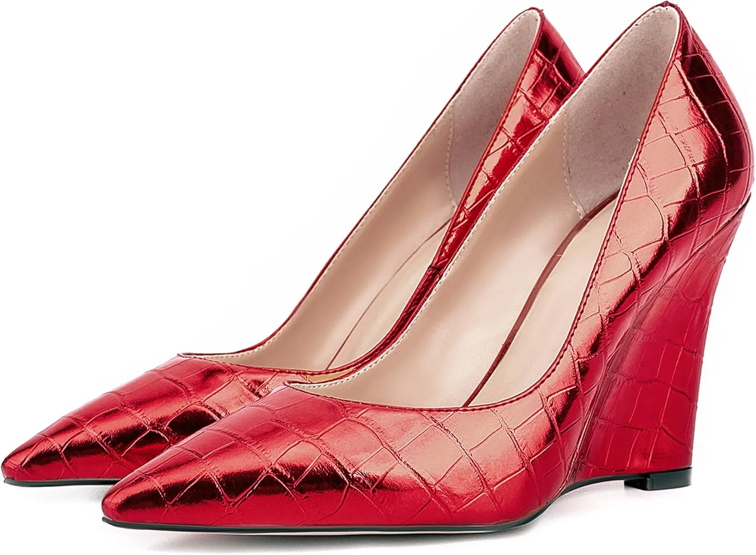 UP2STEP Women Fashion Patent Vegan Leather Printed Wedge High Heeled Slip on Slide Dress Shoes