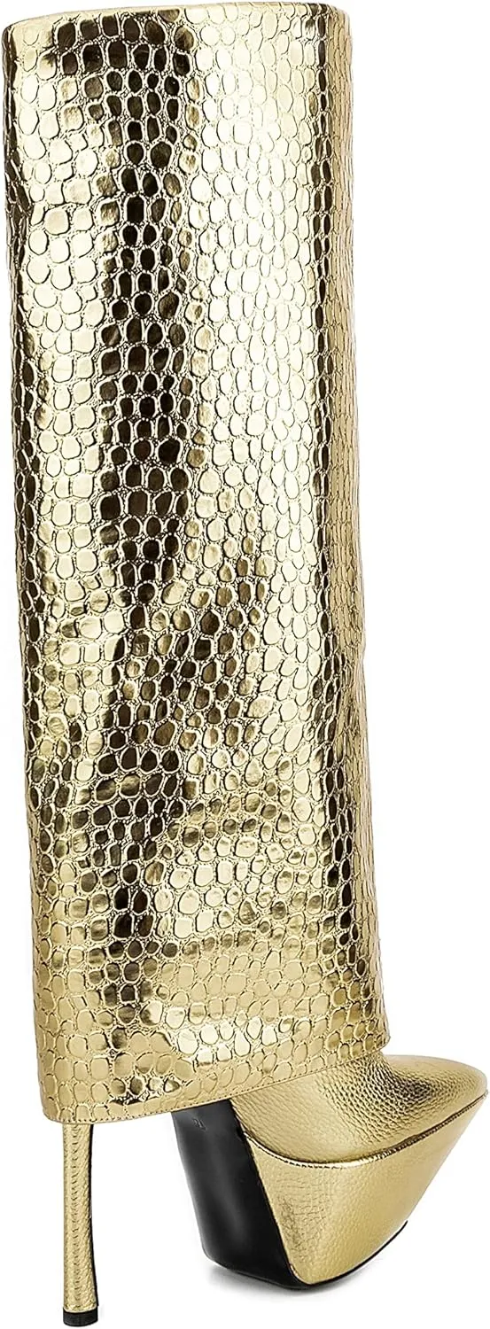 Women Patent Vegan Leather Skin Printed Platform Fold Knee High Boots Pointed Toe Stiletto Boot Gold