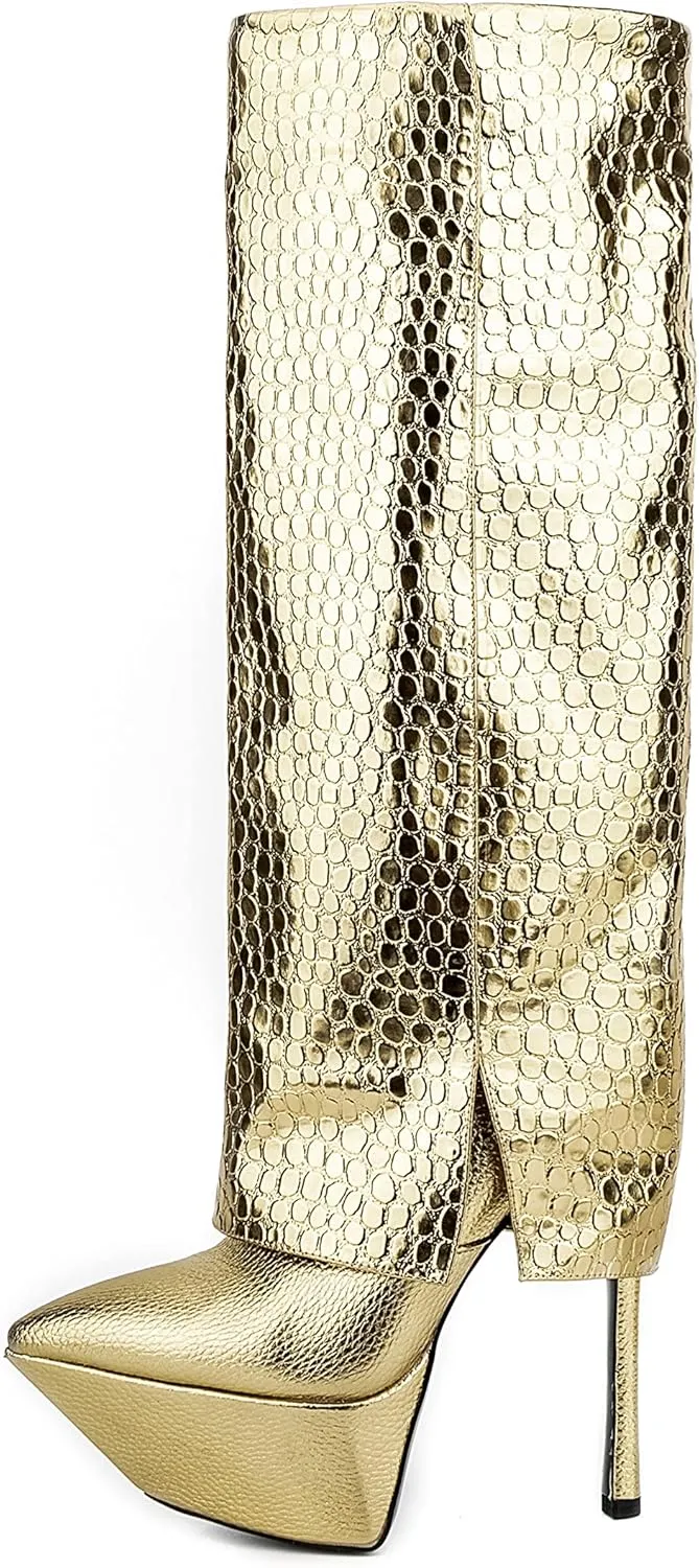 Women Patent Vegan Leather Skin Printed Platform Fold Knee High Boots Pointed Toe Stiletto Boot Gold