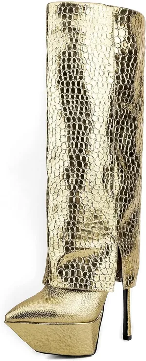 Women Patent Vegan Leather Skin Printed Platform Fold Knee High Boots Pointed Toe Stiletto Boot Gold