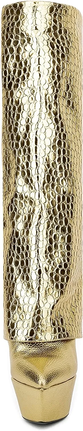 Women Patent Vegan Leather Skin Printed Platform Fold Knee High Boots Pointed Toe Stiletto Boot Gold