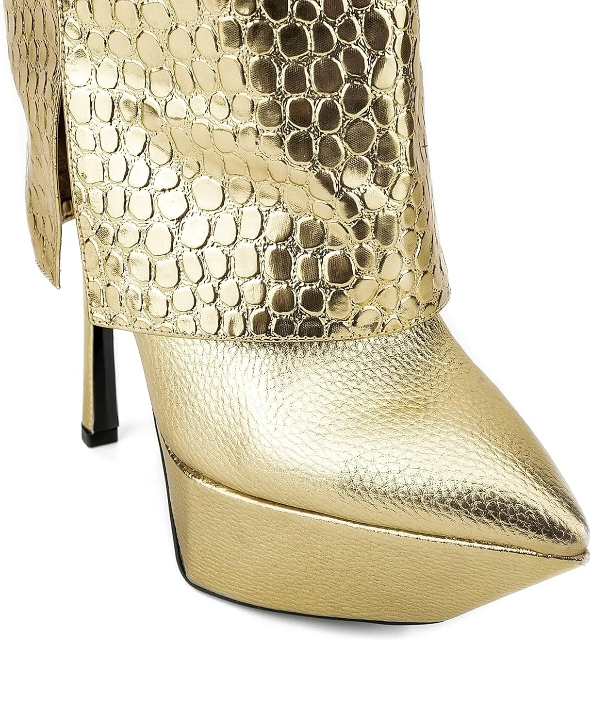 Women Patent Vegan Leather Skin Printed Platform Fold Knee High Boots Pointed Toe Stiletto Boot Gold
