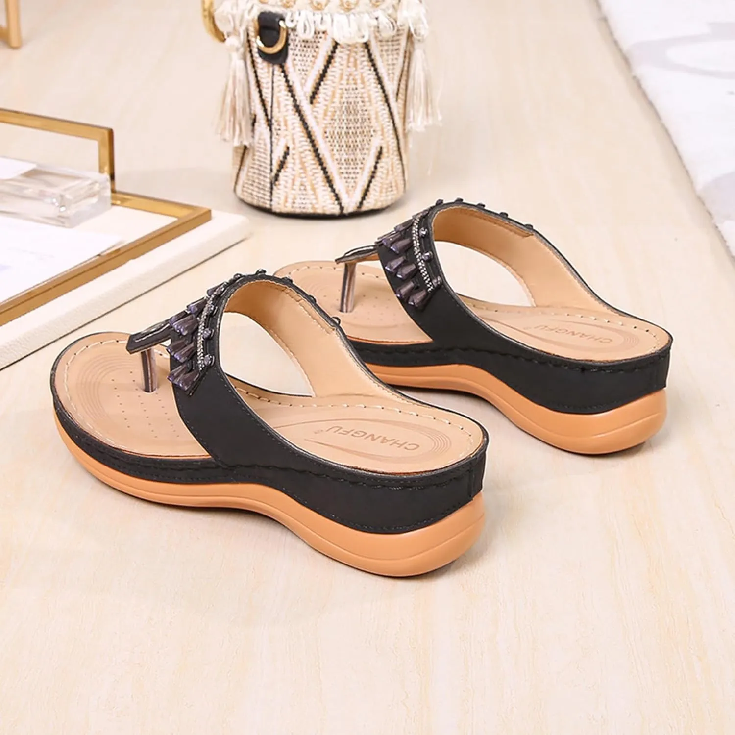 Women Platform Beach Slippers Wedge Heel Flip Flops Shoes Sandals Slip On Comfortable Walking Orthopedic Summer Rhinestone Slippers Breathable Lightweight Wedge Flip-Flops Beach Outdoor Slipper
