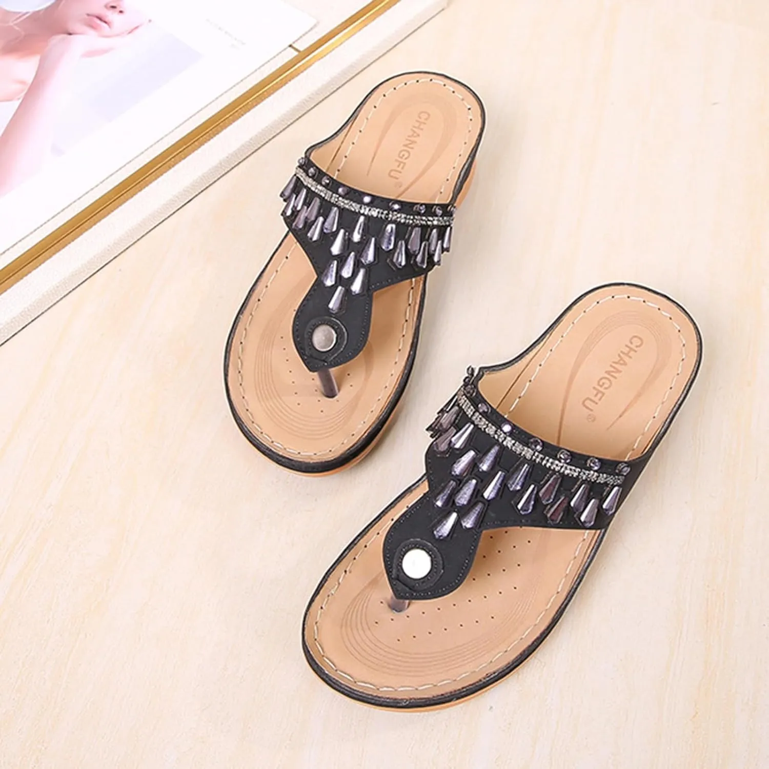 Women Platform Beach Slippers Wedge Heel Flip Flops Shoes Sandals Slip On Comfortable Walking Orthopedic Summer Rhinestone Slippers Breathable Lightweight Wedge Flip-Flops Beach Outdoor Slipper