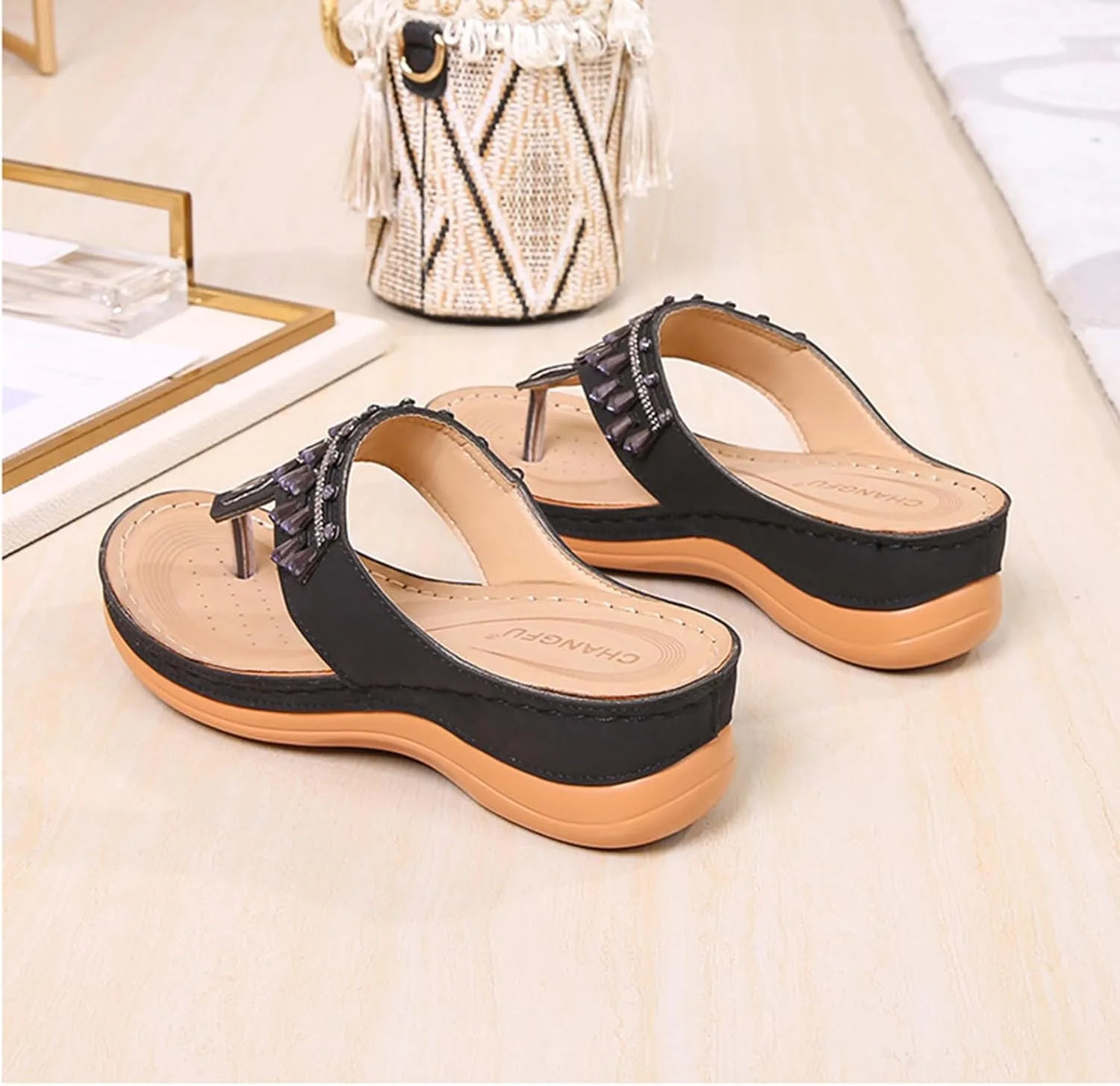 Women Platform Beach Slippers Wedge Heel Flip Flops Shoes Sandals Slip On Comfortable Walking Orthopedic Summer Rhinestone Slippers Breathable Lightweight Wedge Flip-Flops Beach Outdoor Slipper