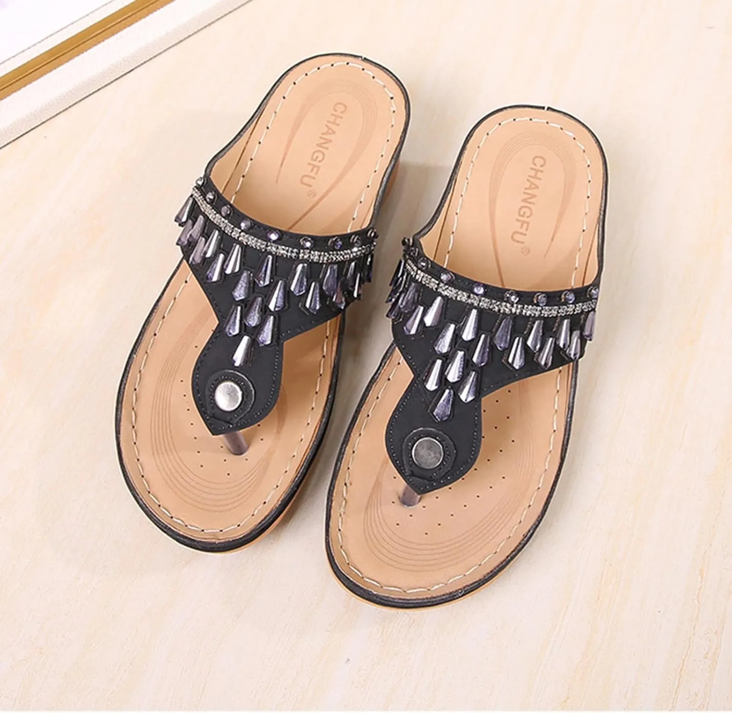 Women Platform Beach Slippers Wedge Heel Flip Flops Shoes Sandals Slip On Comfortable Walking Orthopedic Summer Rhinestone Slippers Breathable Lightweight Wedge Flip-Flops Beach Outdoor Slipper