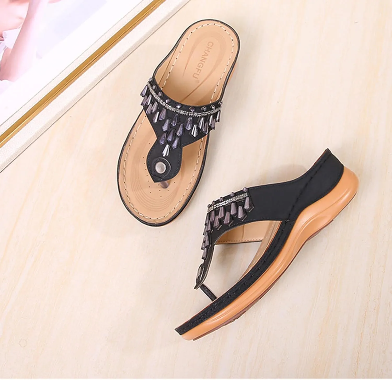 Women Platform Beach Slippers Wedge Heel Flip Flops Shoes Sandals Slip On Comfortable Walking Orthopedic Summer Rhinestone Slippers Breathable Lightweight Wedge Flip-Flops Beach Outdoor Slipper