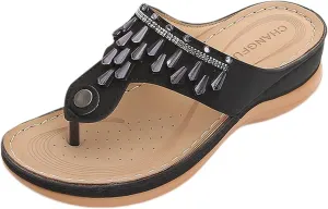 Women Platform Beach Slippers Wedge Heel Flip Flops Shoes Sandals Slip On Comfortable Walking Orthopedic Summer Rhinestone Slippers Breathable Lightweight Wedge Flip-Flops Beach Outdoor Slipper