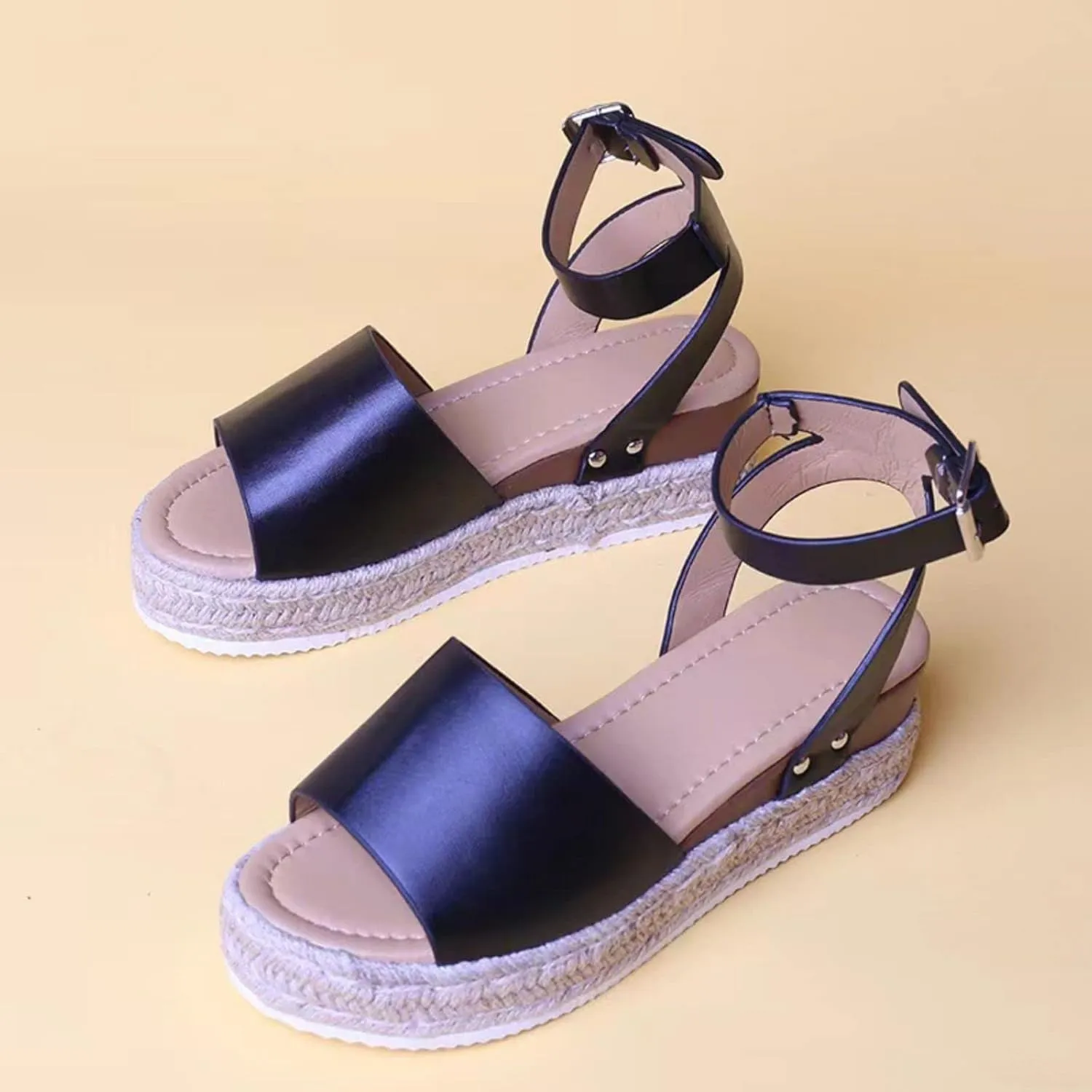 Women's Espadrilles Wedge Heels Ankle Strap Low Summer Sandals Open Toe Slingback Slip On Espadrille Flatform Wedge Casual Sandal Comfortable Breathable Fishmouth Adjustable Sandal Trendy Shoes