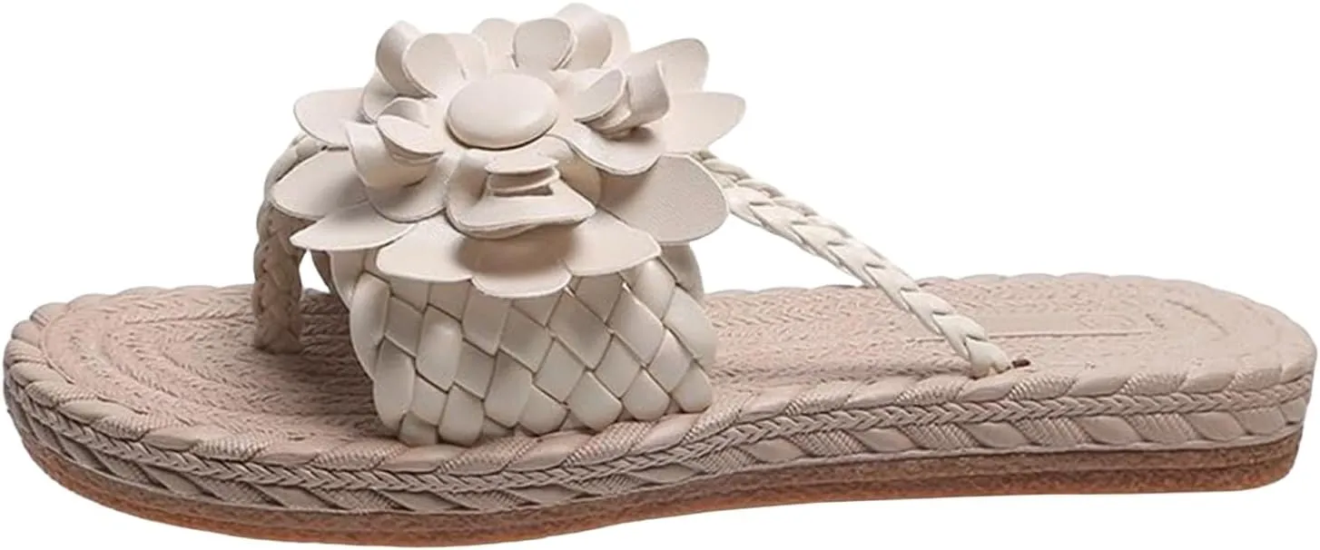 Womens Flat Sandals Flip Flops for Women Flower Braided Slide Sandals Beach Comfortable Slip On Slippers, Espadrille Sole Vacation Outdoor Thong Sandal Comfy Summer Flat Slippers